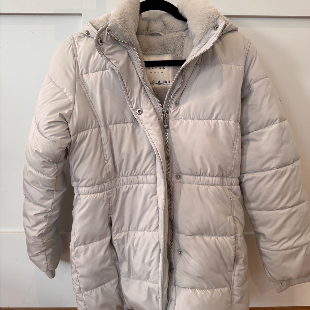 Abercrombie & Fitch Gray Puffer Coat with Faux Fur Hood